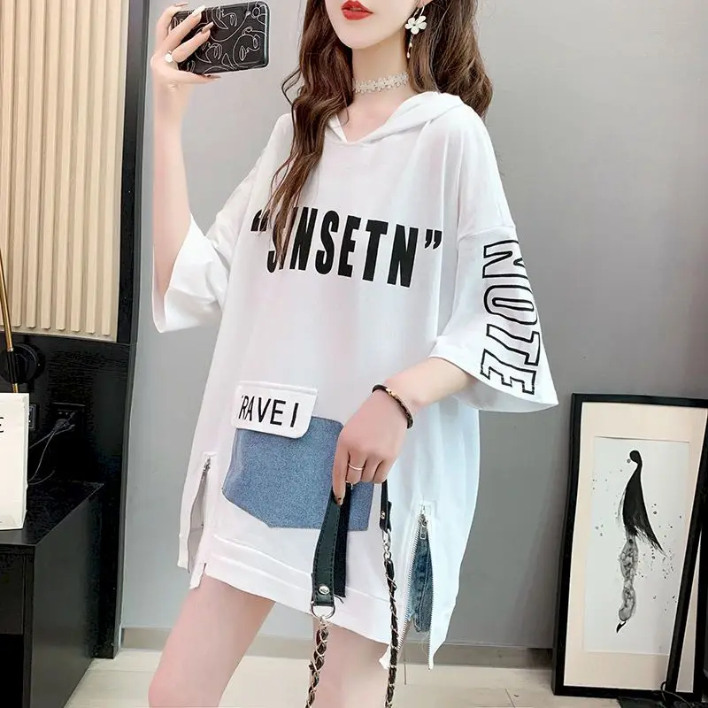 Design Sense Split Short-sleeved T-shirt Women Korean Large Size Five-point Sleeves Hoodie Loose Mid-length Hooded Tops Summer