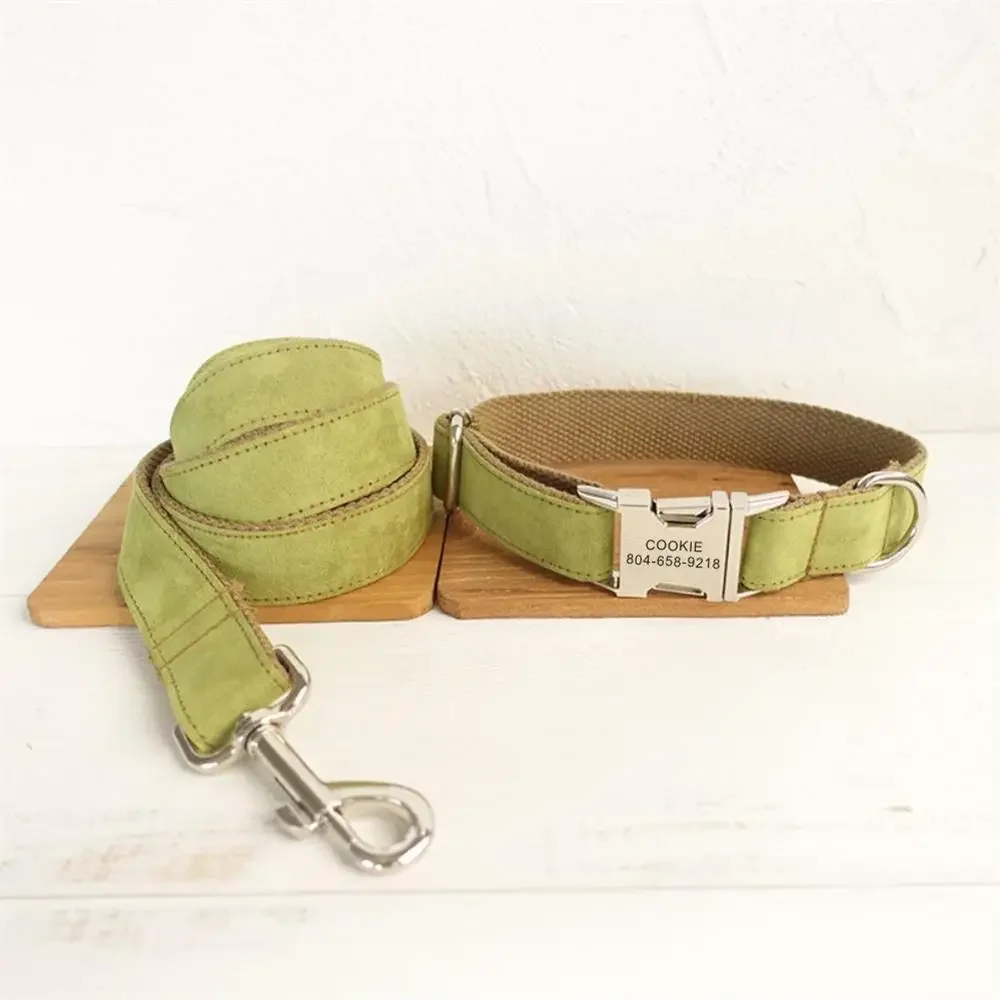 

Personalized Pet Collar Customized Nameplate ID Tag Adjustable Soft Green Brown Suede Fabric Cat Dog Collars Lead Leash