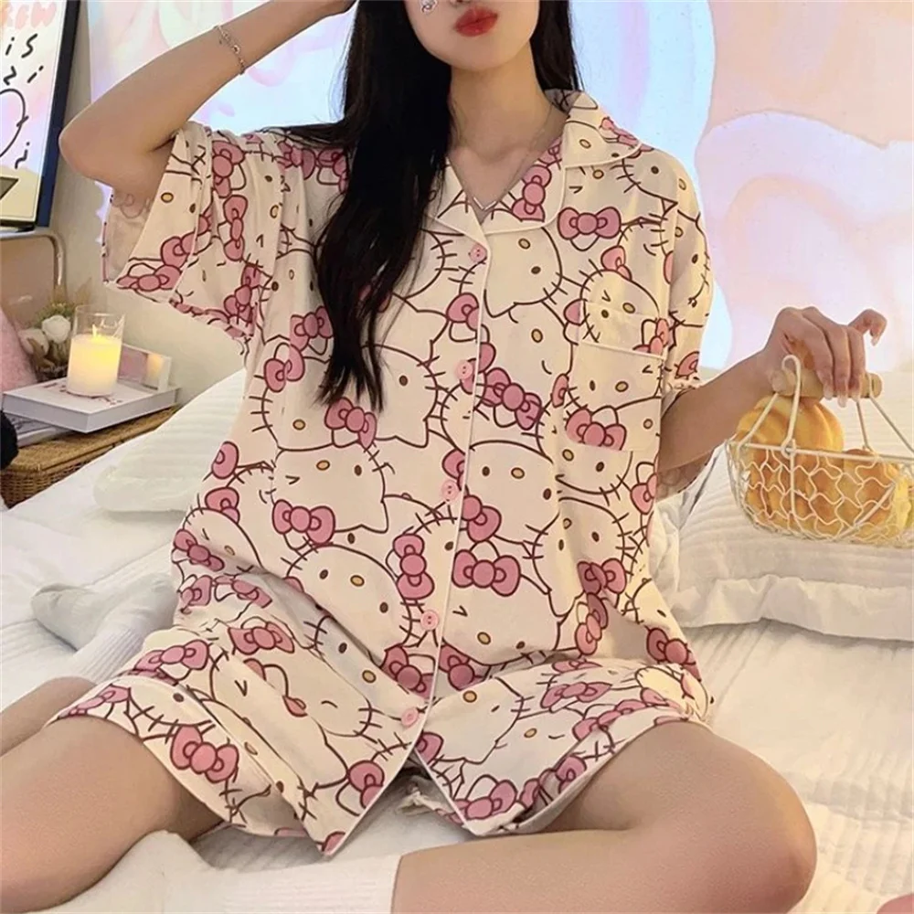 Sanrios Hello Kitty Short Section Ladies Pyjamas Set Pyjamas Women Summer Kawaii Cartoon Loose Pajamas Pajama Trousers Set