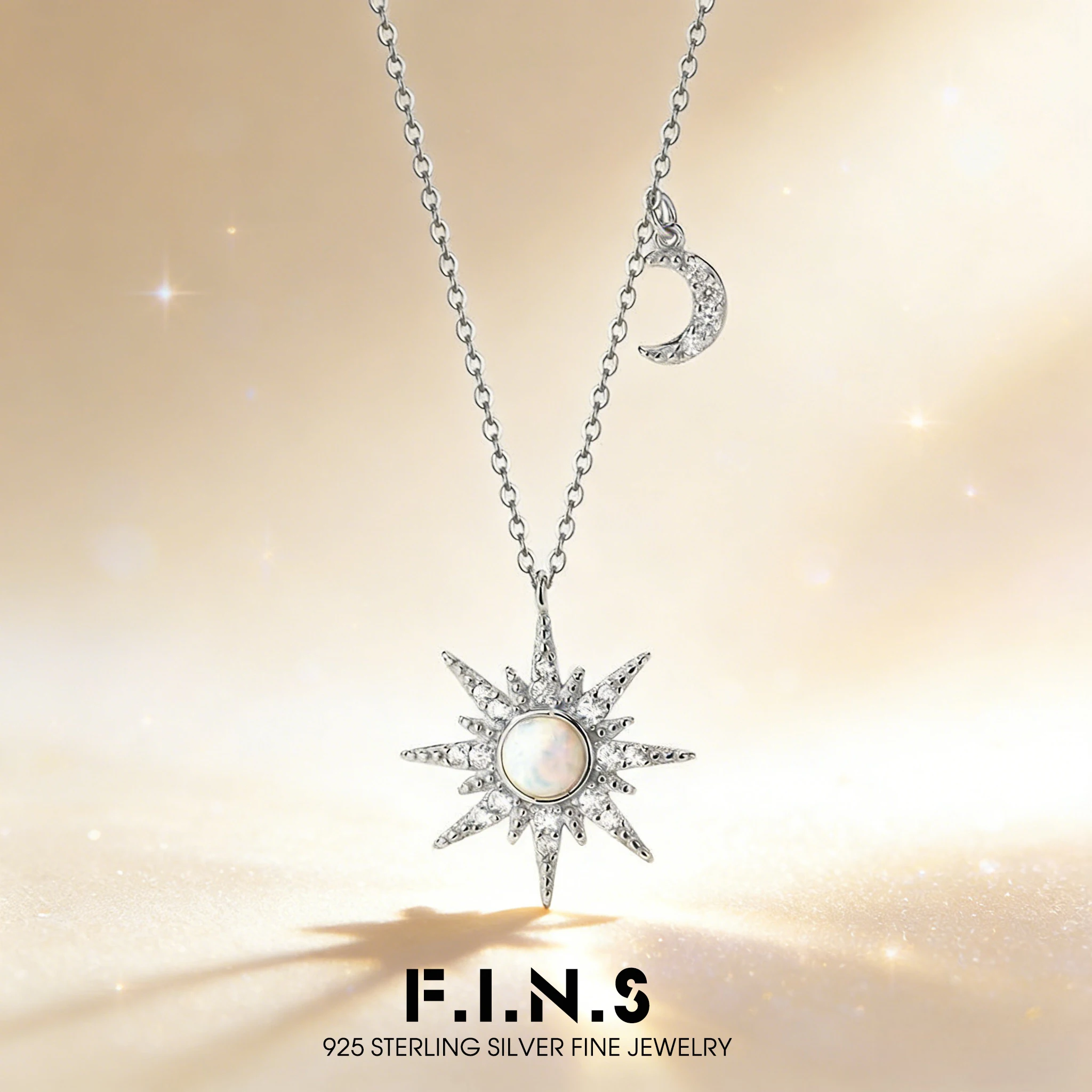 

F.I.N.S S925 Sterling Silver Eight-Pointed Star Crescent Moon Opal Necklace for Women Luxury Minimalist Elegant Clavicle Chain