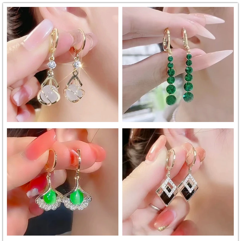 Korean Style Green Crystal Water Drop Earrings for Women Leaf Round Bead Geometric Ear Wedding Jewelry Boucles d\'oreilles