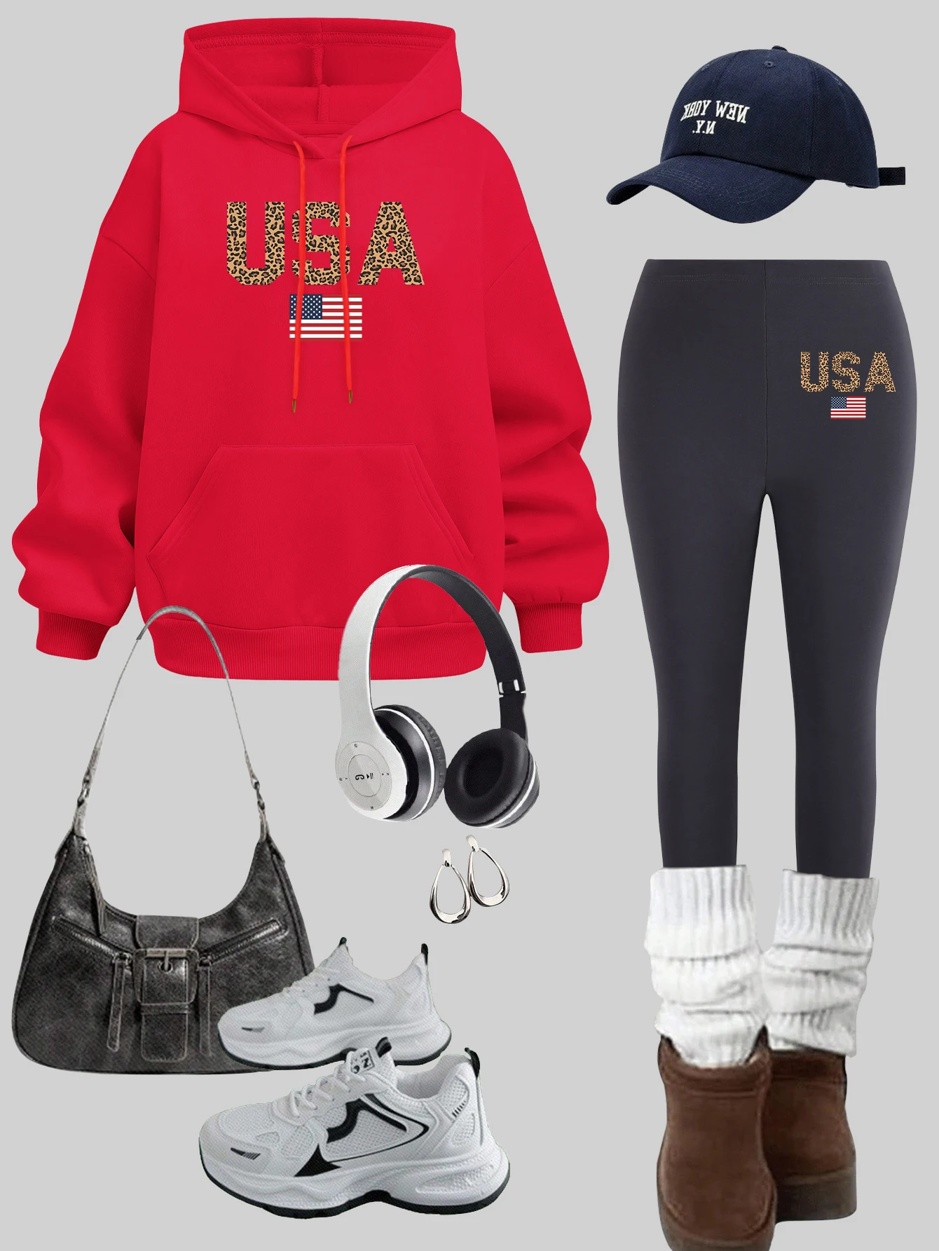 Usa American Flag Pattern Hoodies Set Women Y2K Thicken Warm leggings Casual Pocket Pullover Autumn Fleece Woman Sportswear