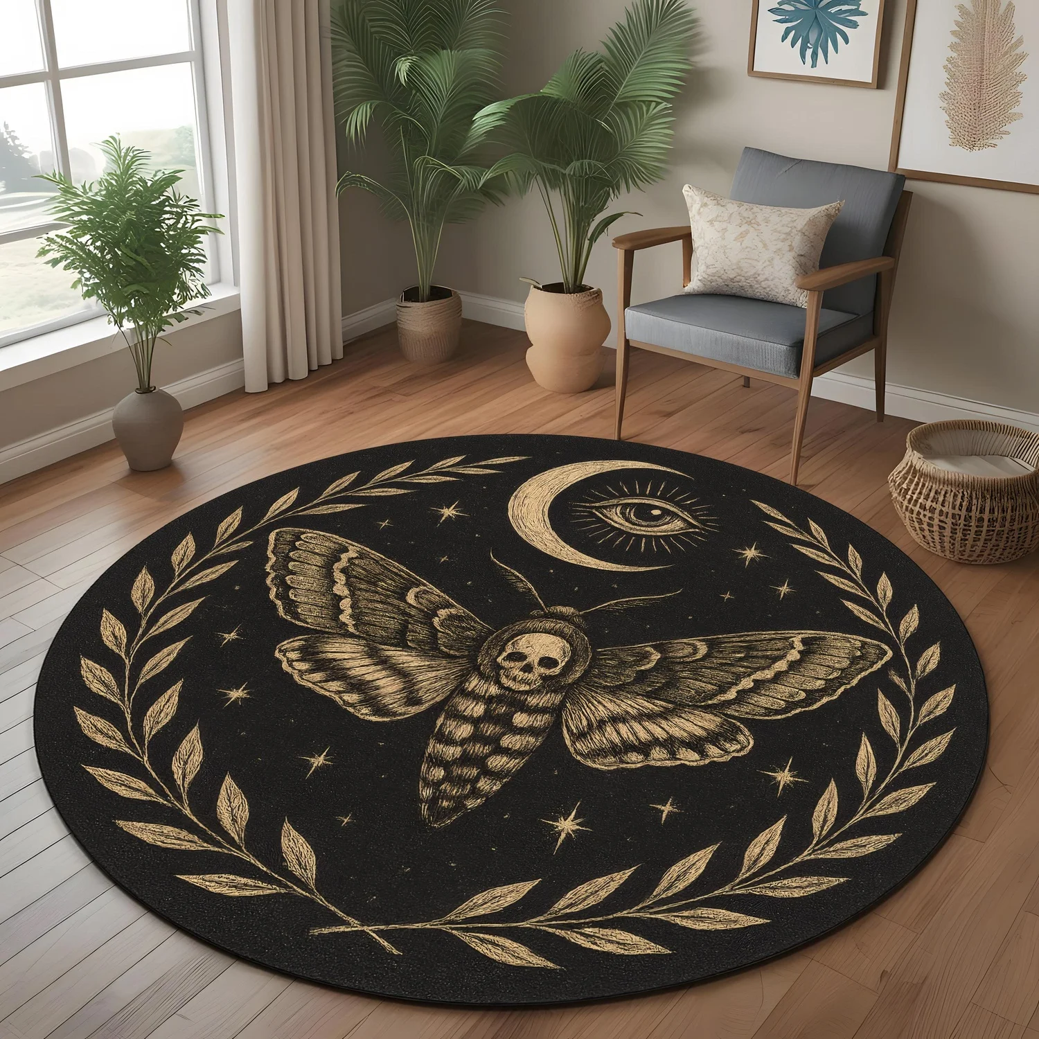 Death Moth Round Rug, Gothic Moth Pattern, Skull, Moon, and Eye Design, Suitable for Rooms with Mysterious and Esoteric Styles