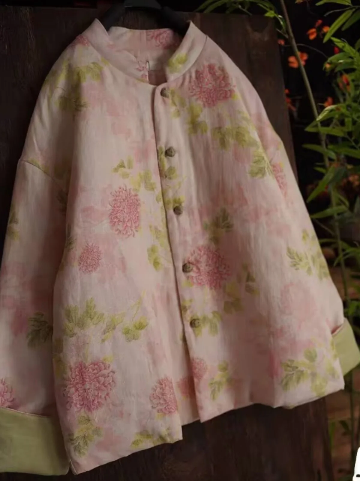 

New Chinese Sle National Trend Linen Printed Cotton Jaet Women's Autumn Winter Loose Retro Stand Collar Interlined Lightw...