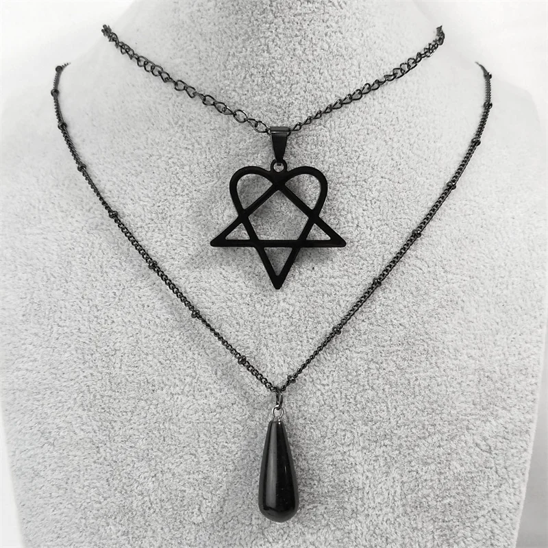 Lovely FAJA Heartagram Stainless Steel Layered Necklace Black Color Women/Men Gothic Necklace Chain Jewelry cadenas mujer N2613