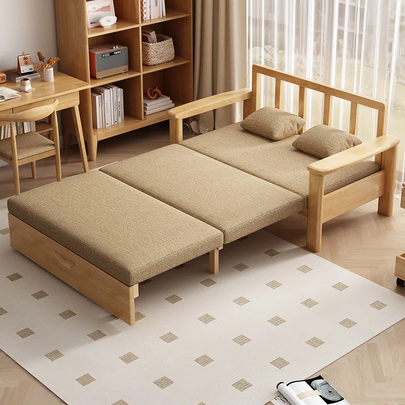 New Chinese full solid wood sofa bed modern simple sofa retractable small apartment rental house winter and summer dual-purpose