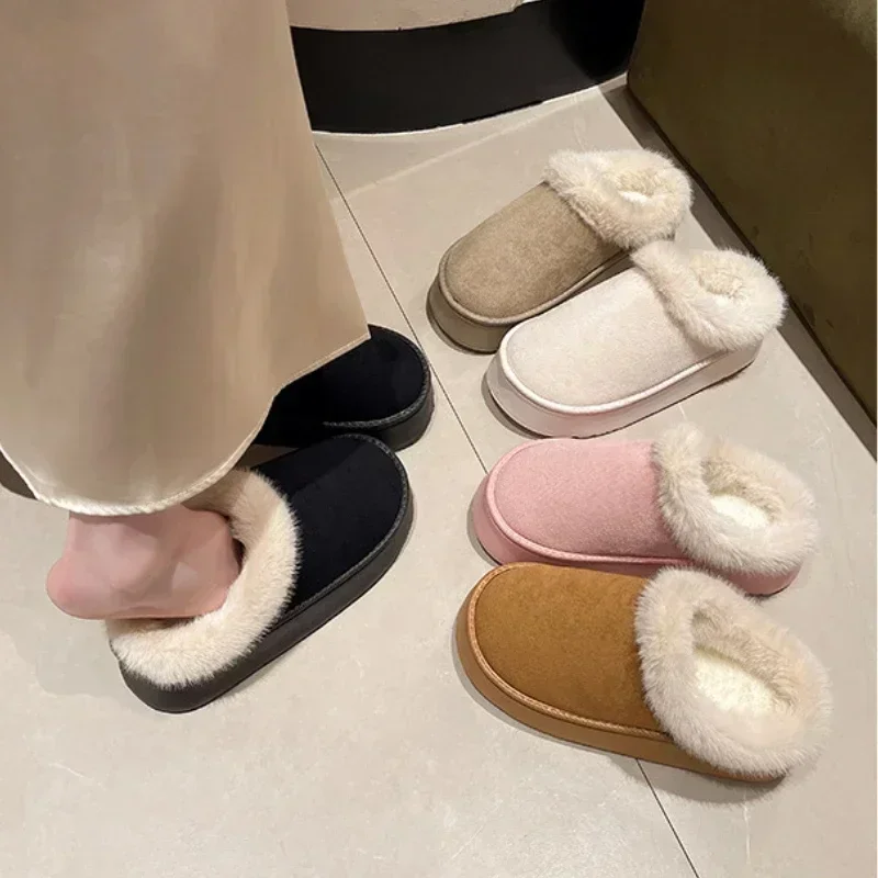 Women Winter Fluffy Faux Fur Snow Boots Female Chunky Platform Slippers Woman Thick Sole Plush Warm Non Slip Cotton Padded Shoes