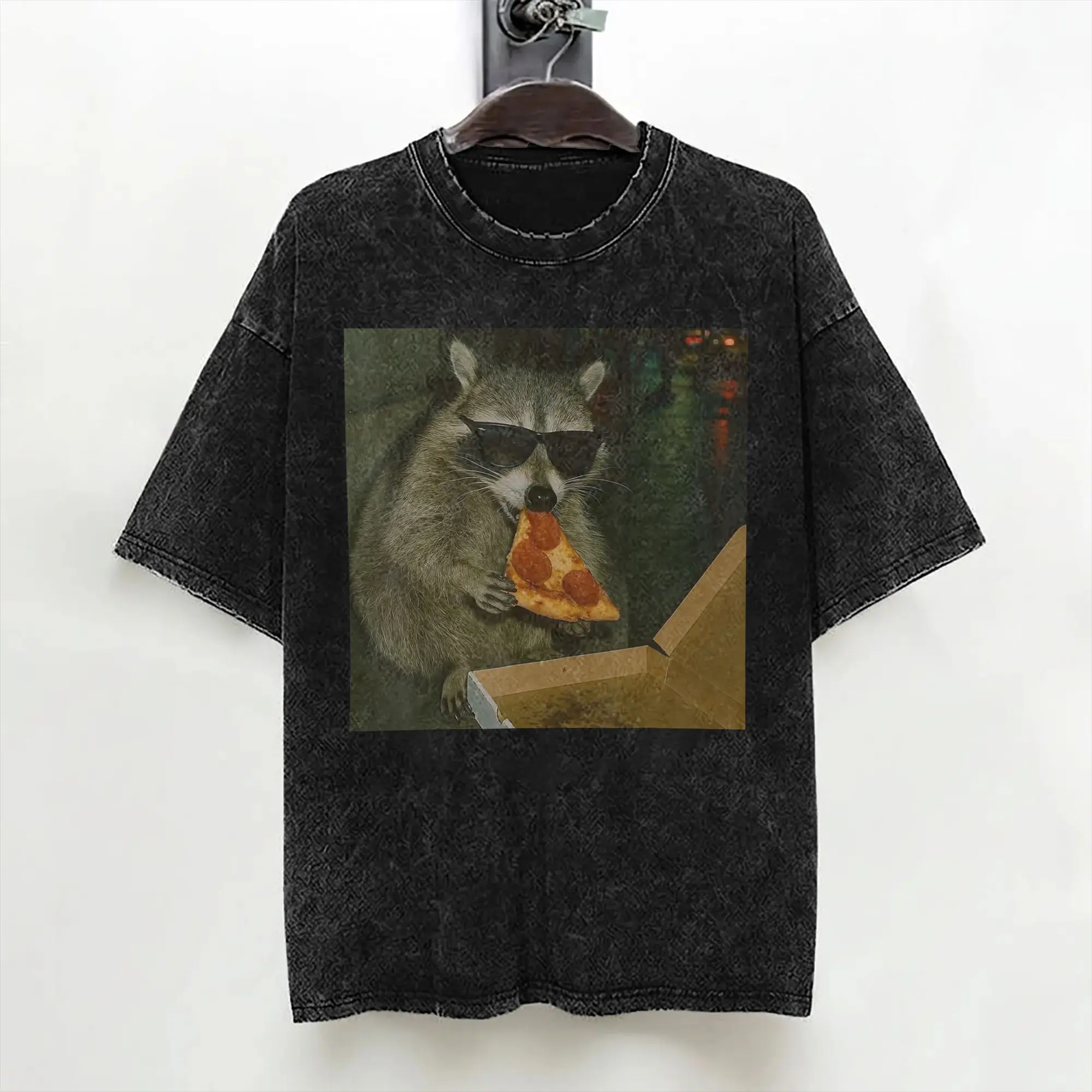 Racoon with Sunglasses Eating Pizza Funny Meme T Shirts Washed Cotton Oversize T-Shirts Men Women Streetwear Printed Tee Shirt