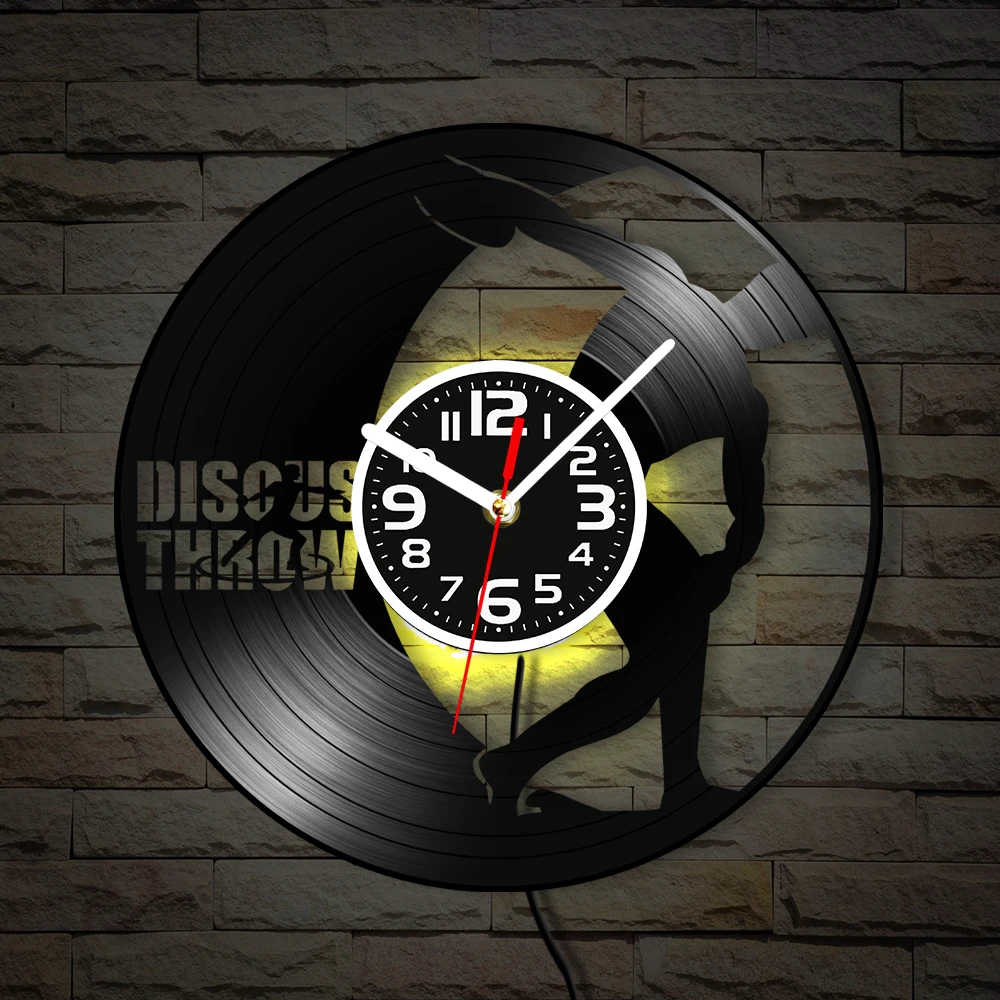 Discus Throw Athlete Silhouette Vinyl Record Wall Clock Track & Field Sports Gym Home Room Decor Silent Non Ticking Wall Clock