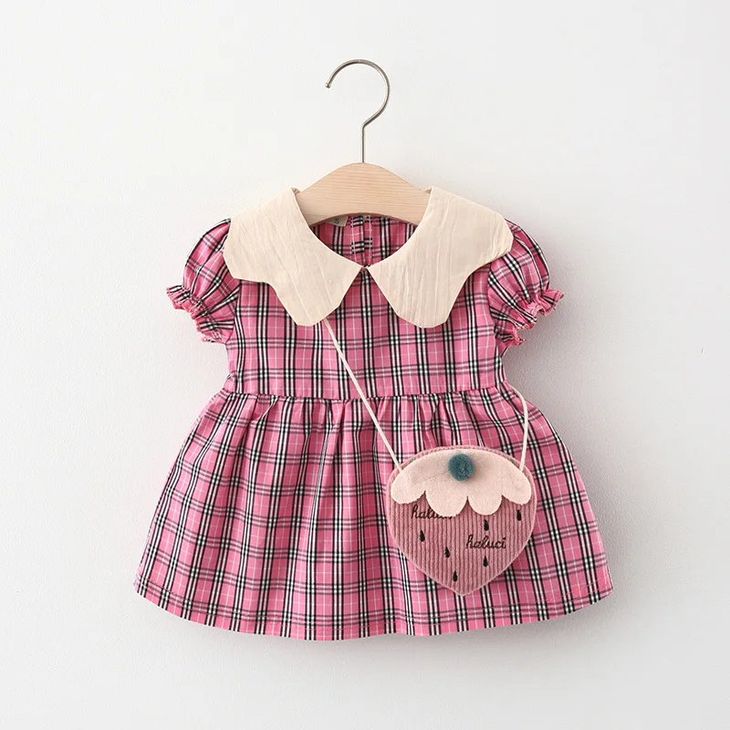 2/piece summer baby girl dress bag for girls solid color large lapel lace plaid bubble sleeve princess dress