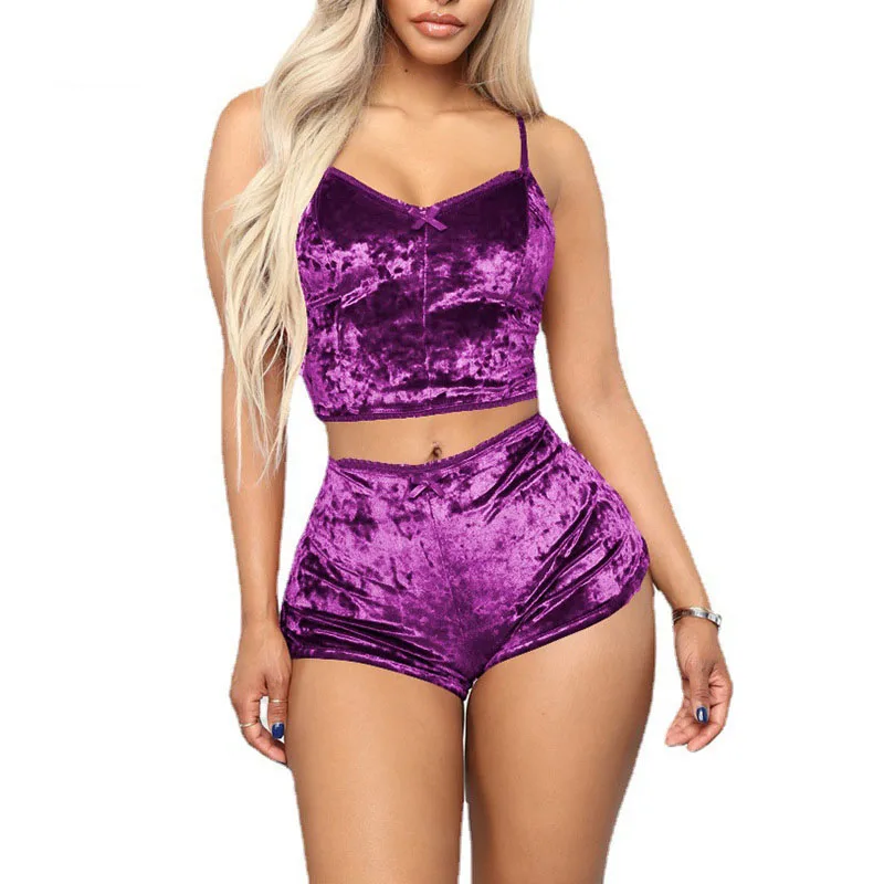 Women Velvet Pajama Set Cami Top and Shorts Set Sleepwear Loungewear Two Piece Set Sexy Homewear Nightwear Plus Size Purple