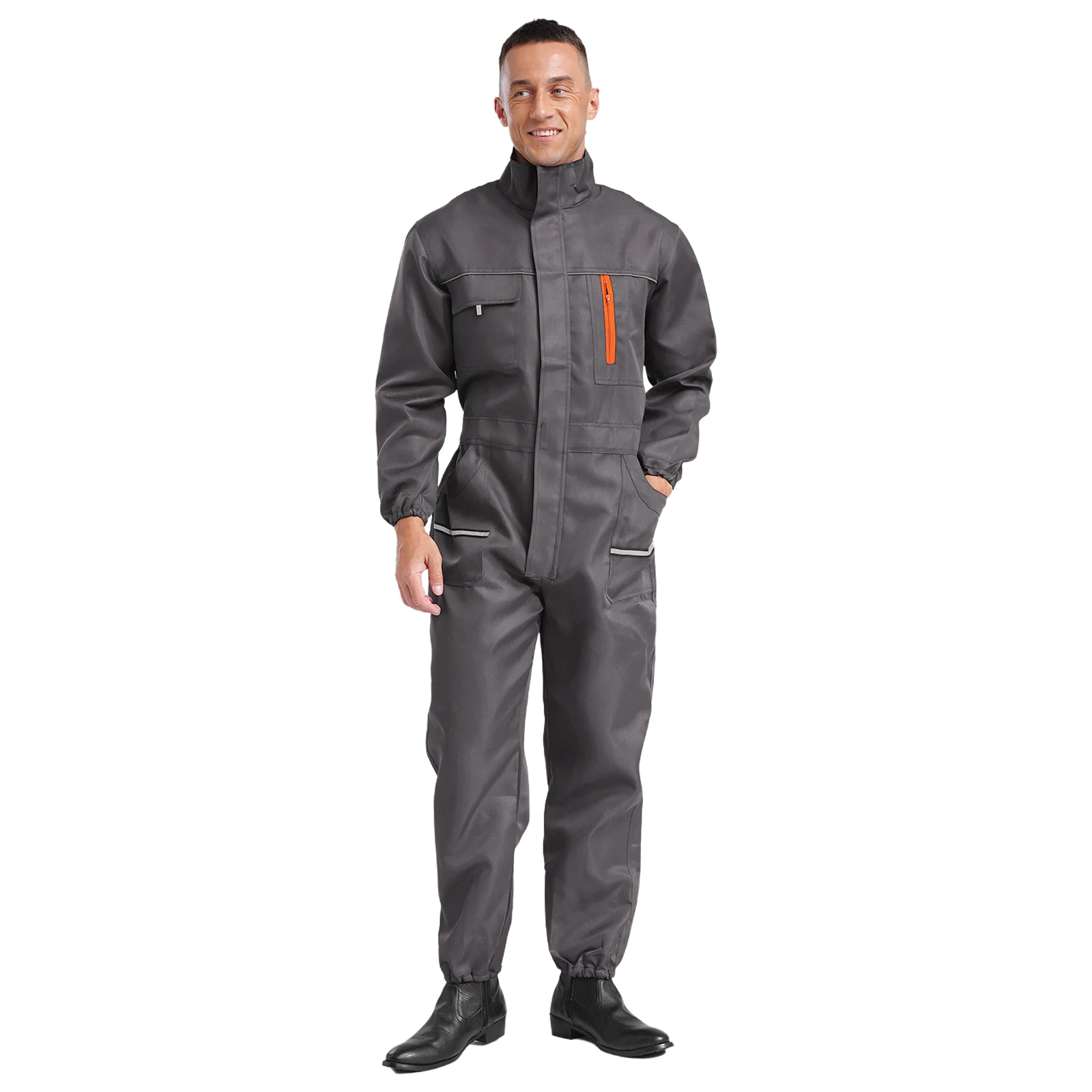 

Mens Reflective Stripes Coveralls Overalls Workshop Uniforms Long Sleeve Zip Stand Collar Pockets Jumpsuit for Factory Workshop