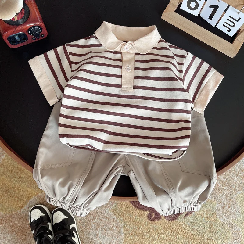 Nueva moda de verano, ropa para bebés, traje para niños, camiseta Polo a rayas, pantalones cortos, 2 unidades/conjunto, ropa para niños pequeños, trajes deportivos para niños