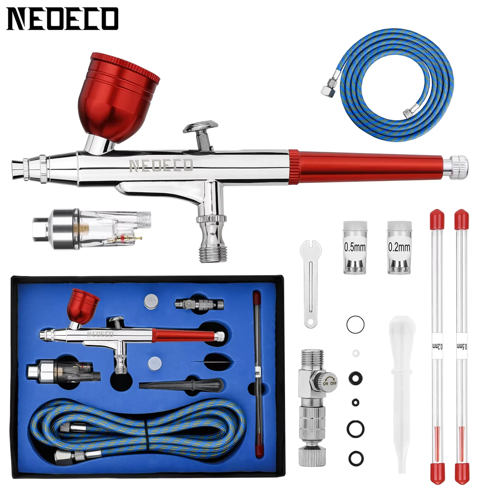 Präzisions-Dual-Action-Airbrush-Set mit 0,2/0,3/0,5mm Düsen-Nadel-Set, 1,8m Schlauch, Schnellkupplung, Feuchtigkeitsfalle und Komplettzubehör – Detail 7