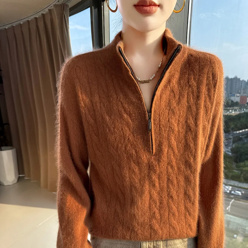 

100% норковый кашемир, женский осенне-зимний трикотажный свитер с полувысоким воротником, пуловер на молнии, свободное повседневное пальто, однотонные топы