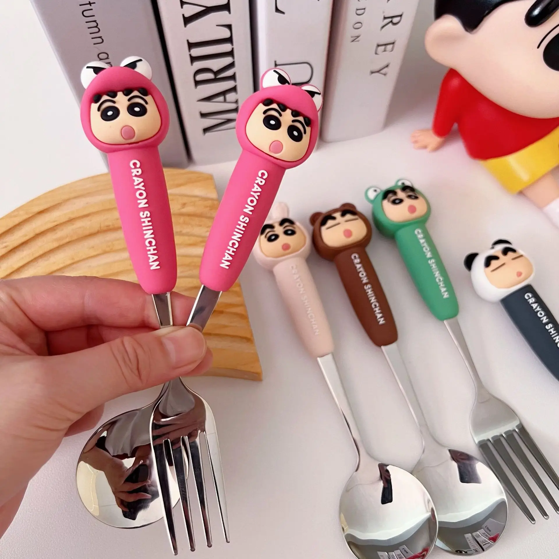 Genuine Crayon Shin Chan Kawaii Children's Spoon Fork Chopsticks Box Tableware Set Anime Cute Student Portable Tableware Gifts