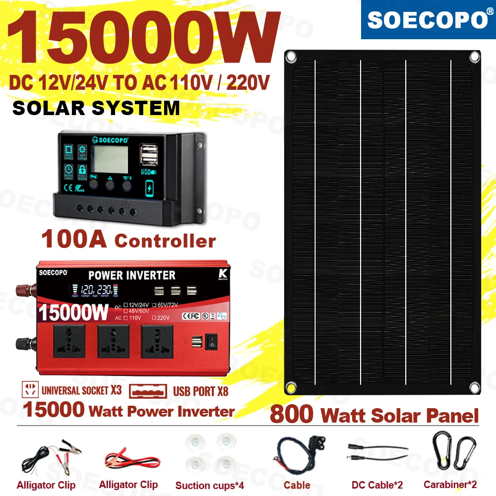 SOECOPO 15000W Portable Solar system Kit 800W Panel Dual - Voltage Input Inverter (3 Sockets 8 USBs) 100A Controller for Camping