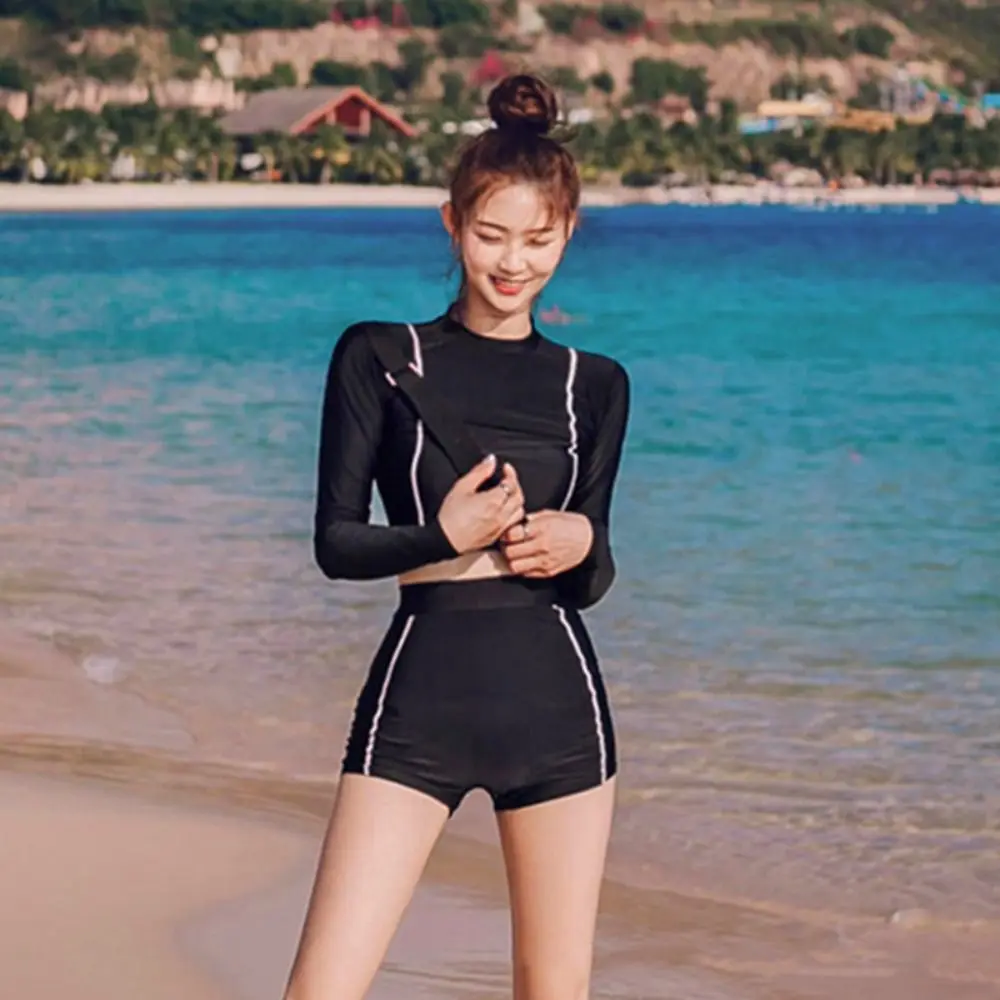 

Patchwork Design Women's Swimming Suit Slimming Fit With Shorts Long Sleeve Swimwear High Waisted Sunscreen Fabric Beachwear
