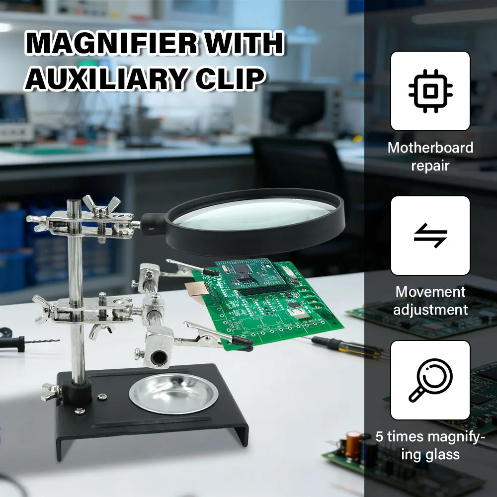 Portable 5X Magnifying Glass Helping‑Hands Stand with Dual Alligator Clips for Soldering & Crafting Projects