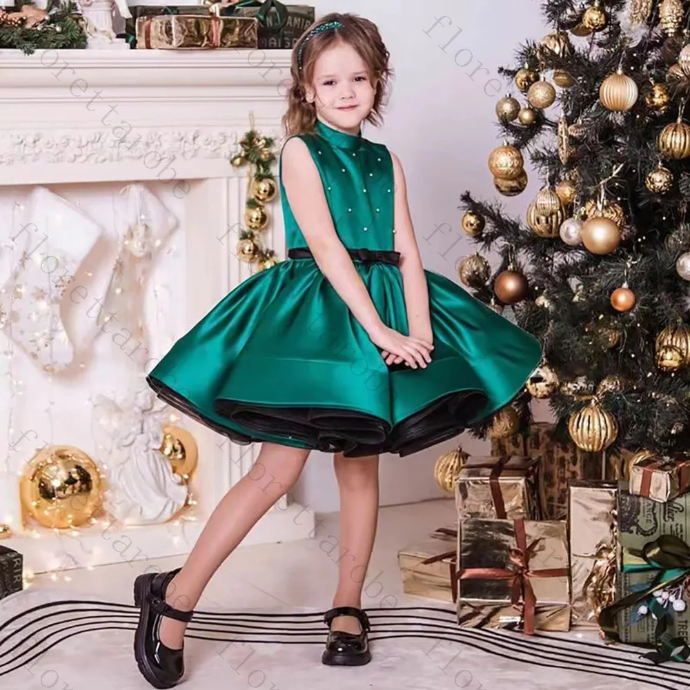 Customized Emerald Green Flower Girl Dress A Line Short Stand Collar Sleeveless Satin Pearl Beaded Black Bow Waist Kids Gown