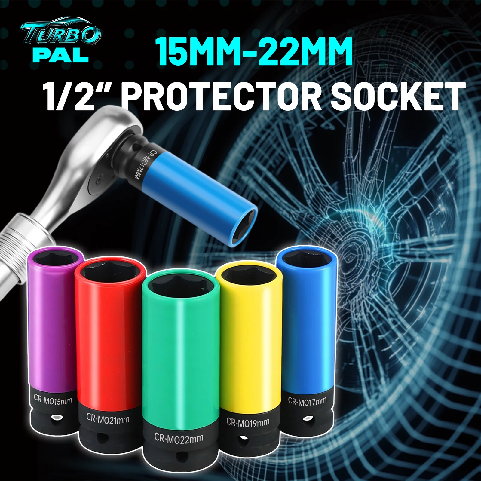 

TURBOPAL 1/2 Inch Drive Lug Nut Protector Socket Set, 15-22mm, CR-MO Steel, Phosphate Coated Protective Sleeves for Vehicles