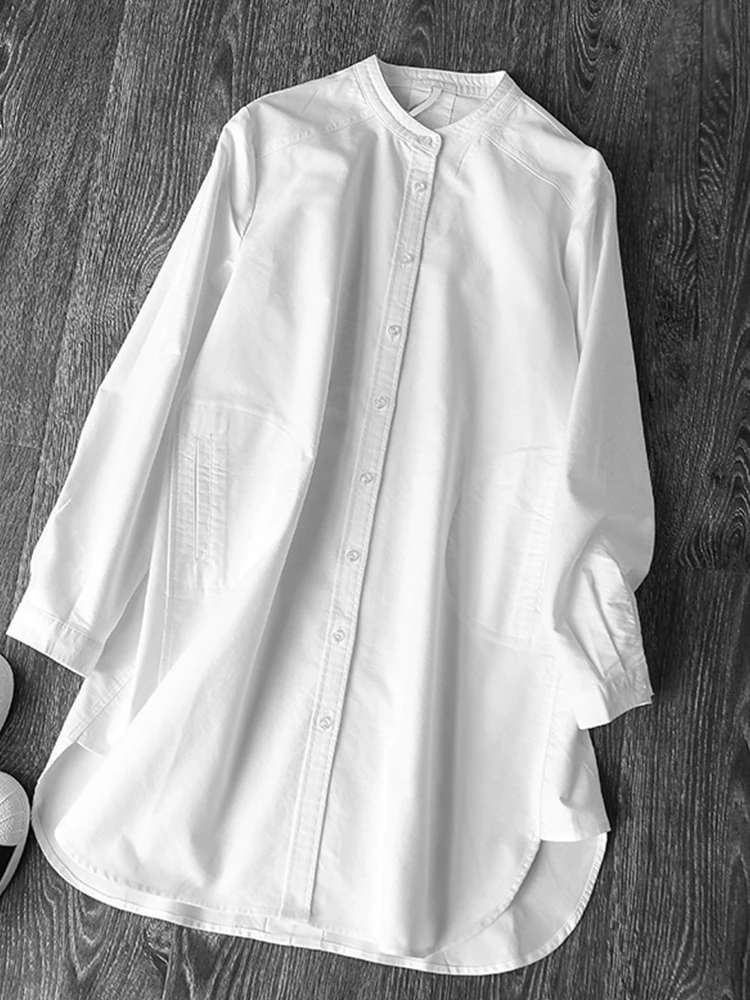 

Casual White Long Sve irt Women's Loose Fit Stand Collar Slimming Mid-Length Open Cardigan Top Design Sensation Spring 2025