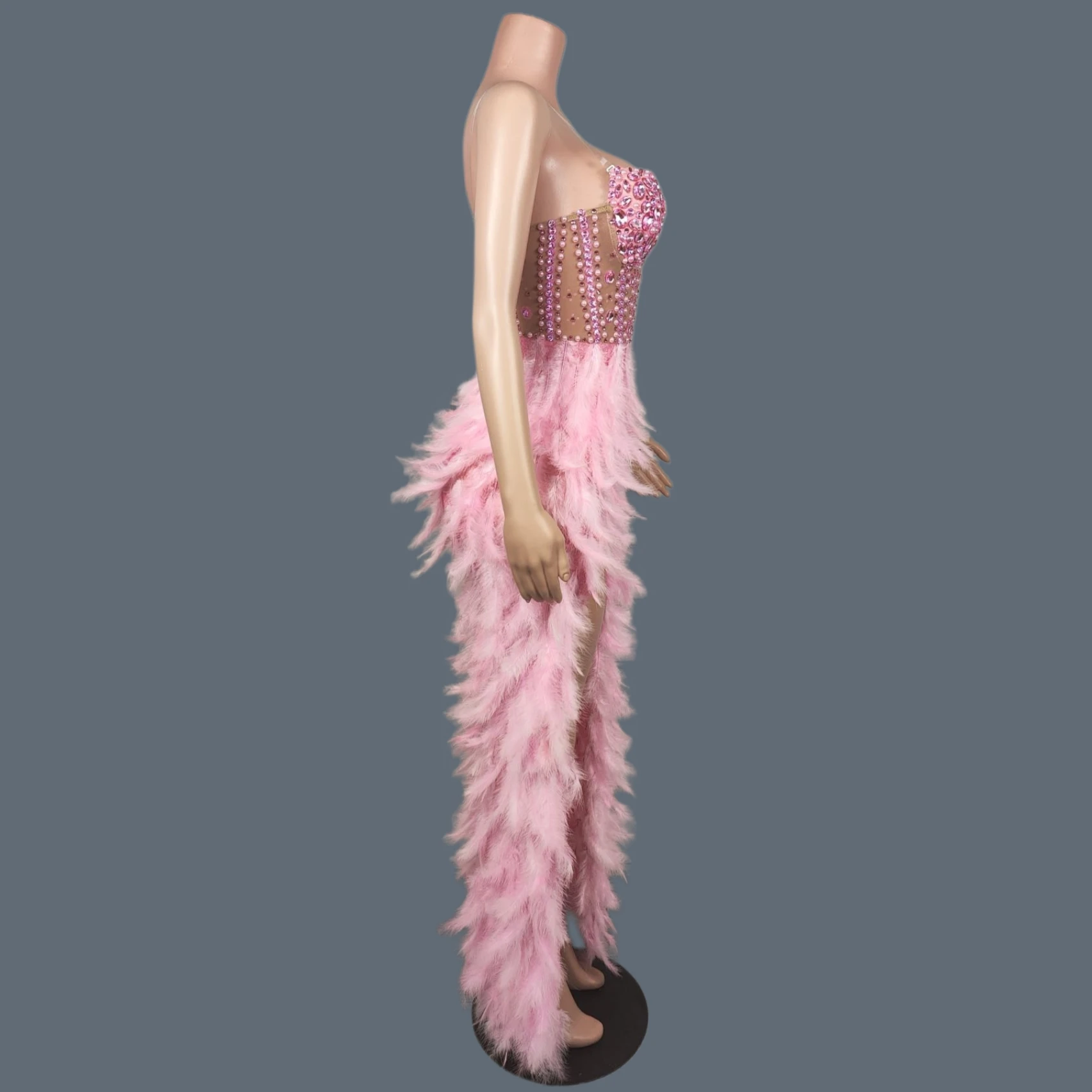 

Elegant Feather Sparkly Crystal Strapless Mermaid Dress Birthday Party Evening Gown Luxury Formal Prom Cocktail Wear Yumao