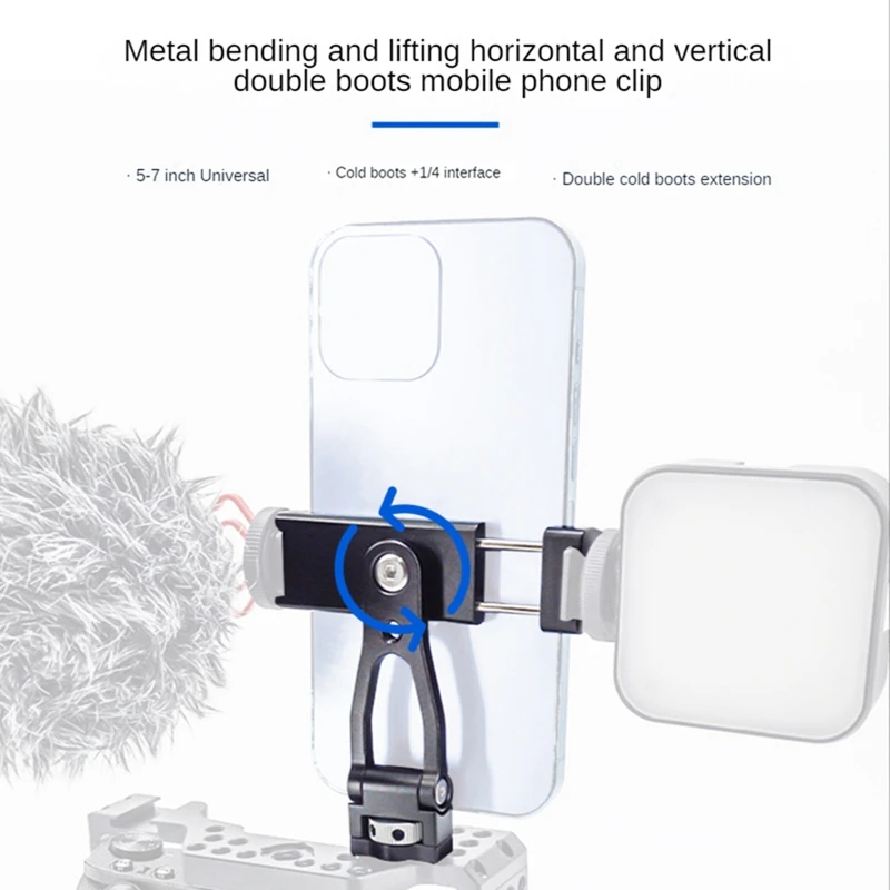 Multi Function Double Cold Shoe Mobile Phone Clip, 360 ° Expansion, Horizontal e Vertical Metal Clip