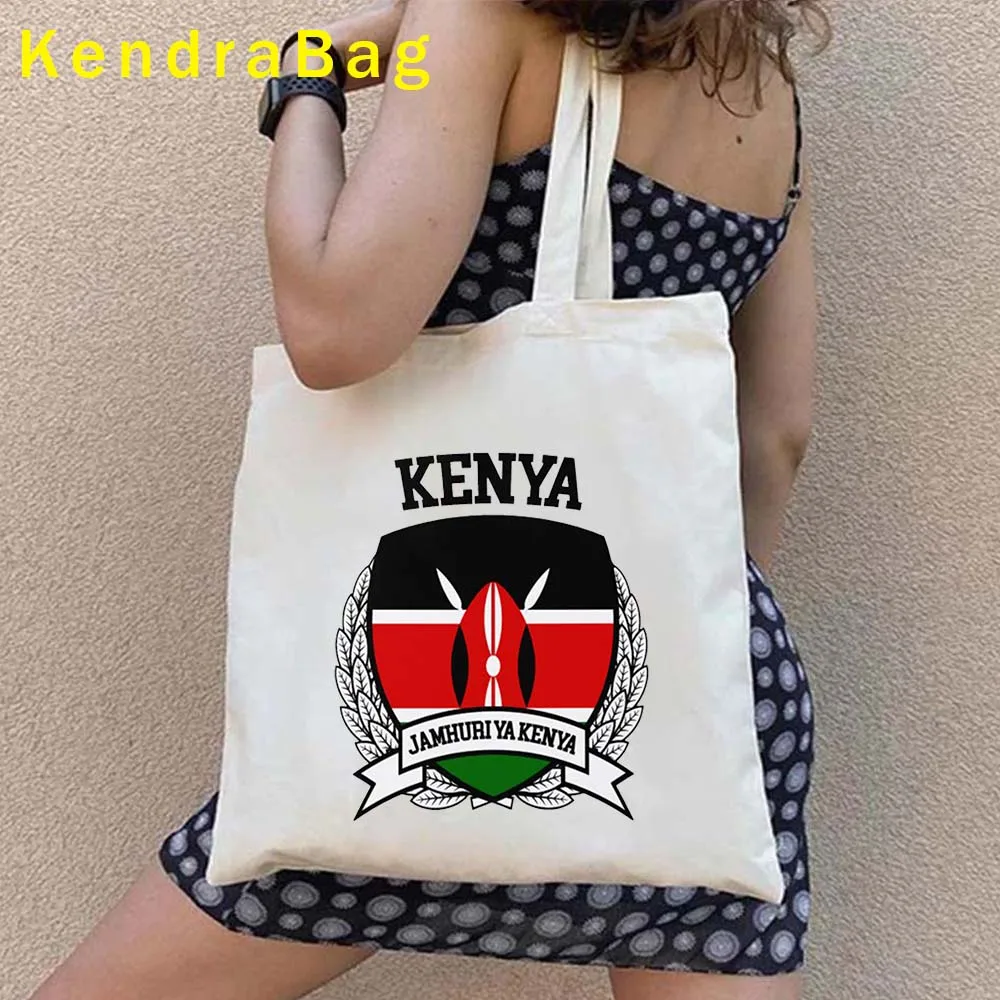 Kenya Coat of Arms Flag Map Retro Giraffe Kenya Landscape Kenyan Girl Love Heart Canvas Shoulder Tote Bag Shopper Cotton Handbag