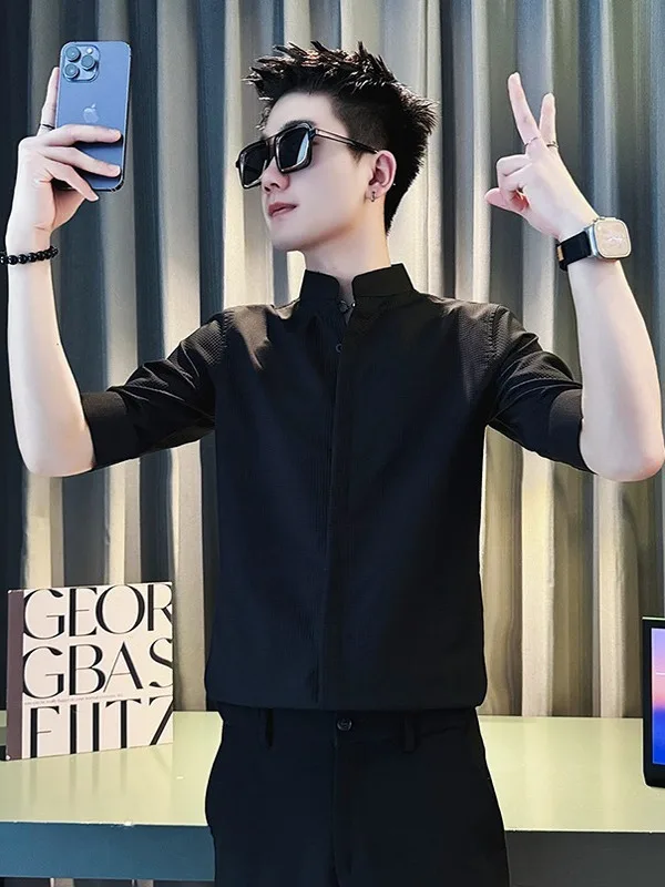 

Летняя мужская рубашка из ледяного шелка с драпированным воротником, белая, из полиэфирного волокна, для делового стиля