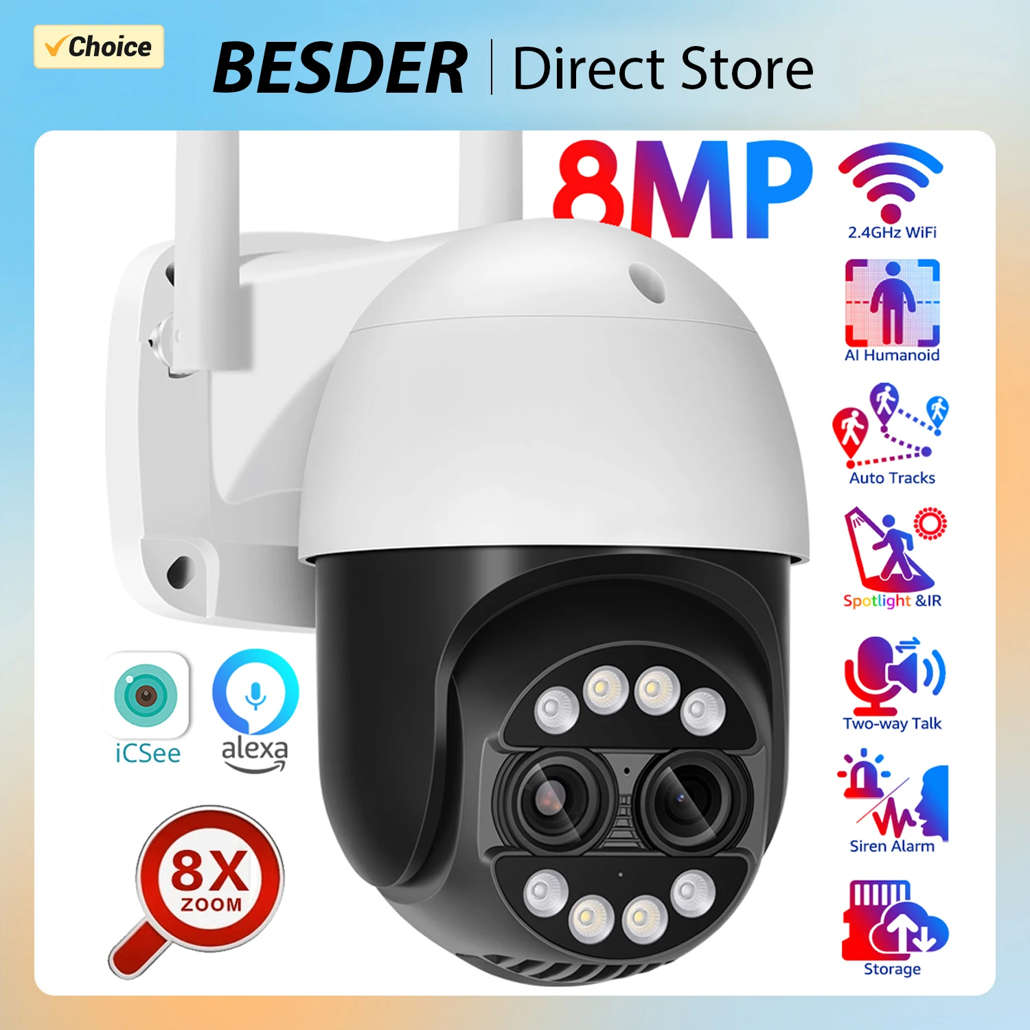 

BESDER 8MP 4K 8x Hybrid Zoom 2.8+12mm Dual Lens PTZ IP Camera WiFi Human Detection 4MP Audio Security Video Surveillance Camera