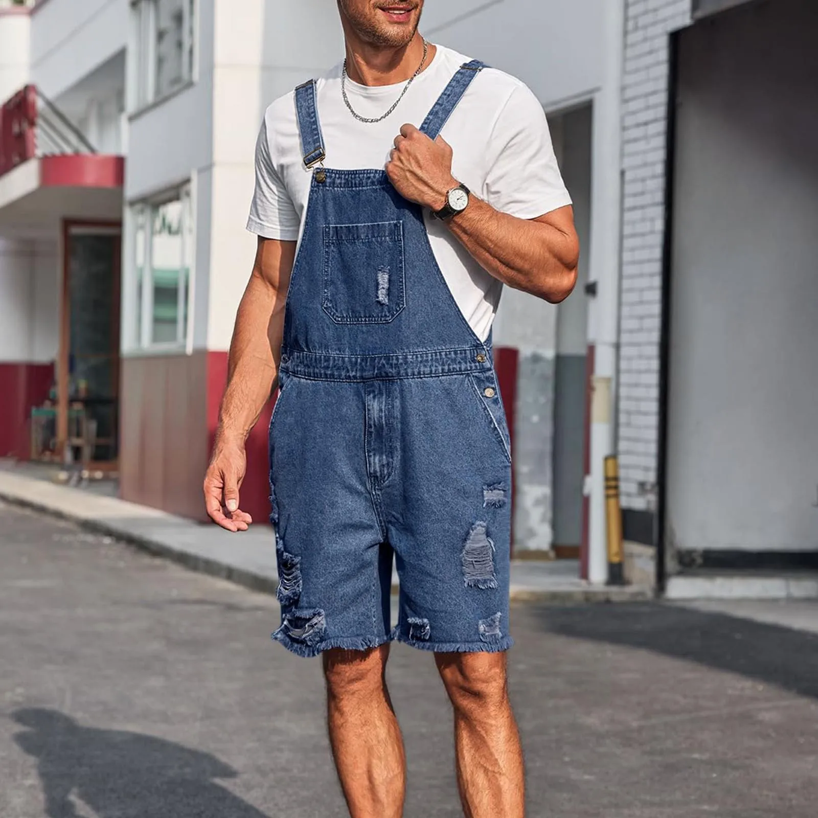 

Men Y2k Jeans Short Overalls Men Jeans Overalls Mid Waist Rompers Jumpsuits Knee Length Denim Casual Solid Washing Pockets 2025
