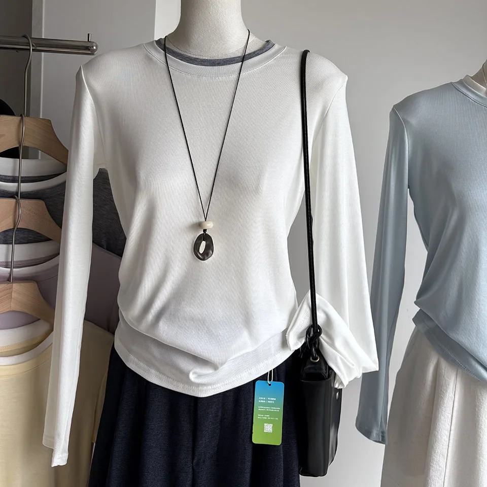 Slimming Long Sleeve round Neck T-Shirt Women's Early Autumn New Style Inner Wear Thin White Versatile Base Shirt Casual Style — купить у AliExpress WW