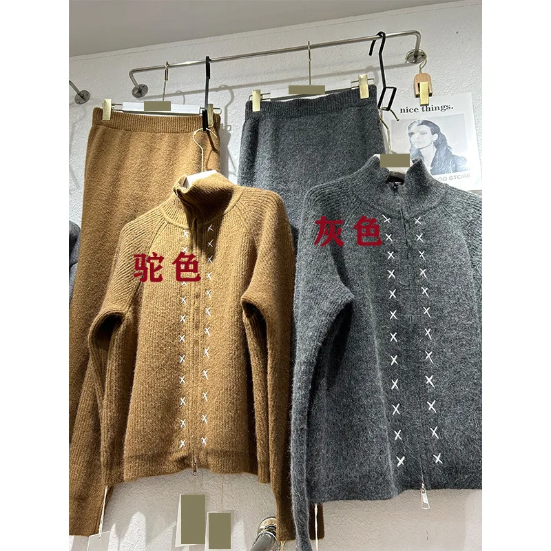 Neploe 2024 Autumn Winter Korean Simple Elegant Knitted Two Piece Suits Femme Stand Up Collar Sweater Coat High-End A-line Skirt