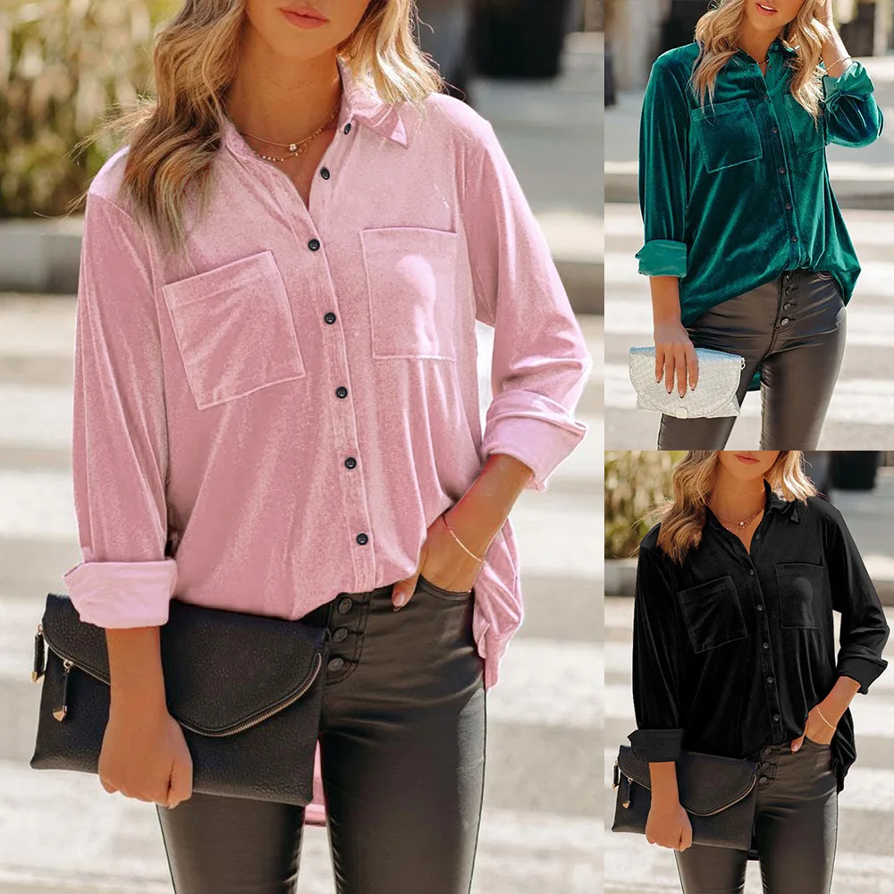 Autumn Winter Thicken Velvet Blouse Tops Casual Turn Down Collar Long Sleeve Button Pocket Loose Blouse Shirts