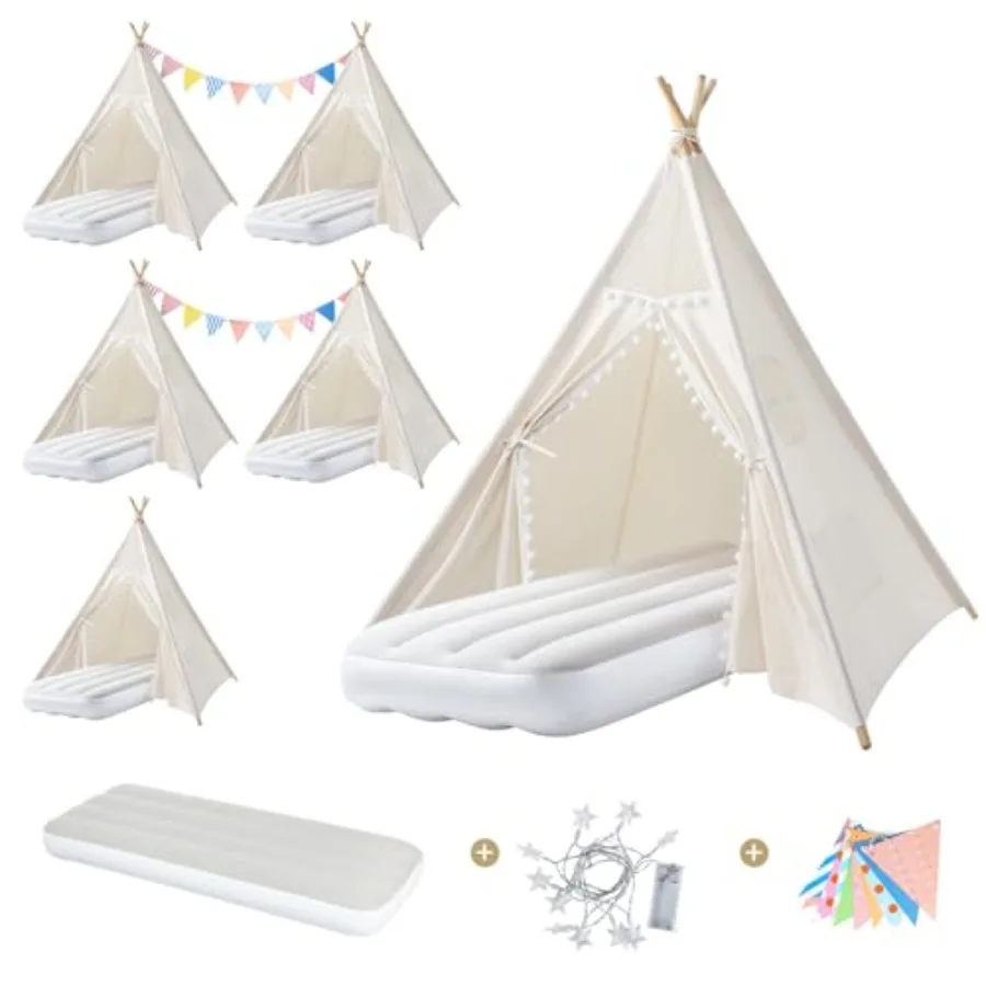 

6 Pack Teepee Tent for Girls Party Boho Sleepover Tents with Inflatable Airbeds Indoor Slumber Party Tent Washable Foldable Tod