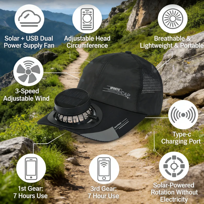 Ultra Breathable Mesh Trucker Fan Cap Solar USB Dual Power Type-C Charging 3 Speed Wind Long Battery Cooling Hat for Hiking