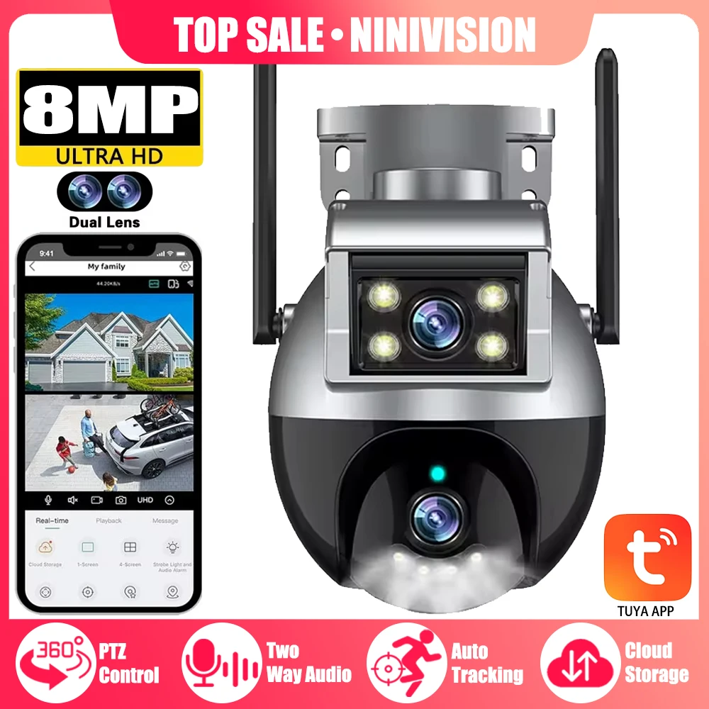 

4K 8MP Tuya Dual Lens Dual-Screen Wifi IP Camera Outdoor 2-Audio AI Auto Tracking PTZ Wireless CCTV Security Surveillance Camera