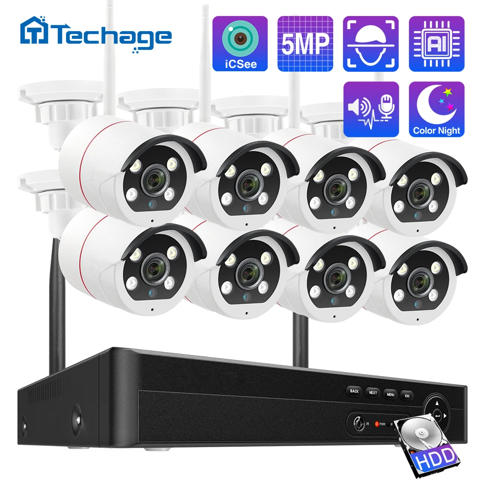 techage sistema de seguranca vigilancia sem fio ai face detection video cctv kit de camera wifi nvr audio bidirecional p2p onvif 5mp 8ch 01