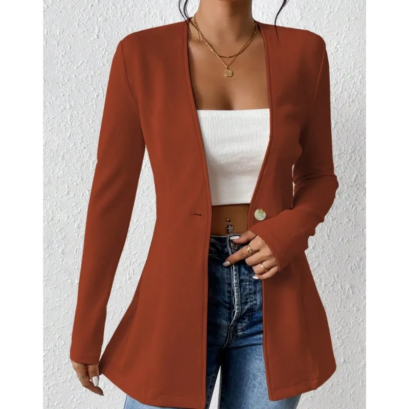 

New 2025 Autumn Korean Edition Fashion Style V-neck One Button Solid Color Long Sleeve Small Suit Coat outerwears brown jacket