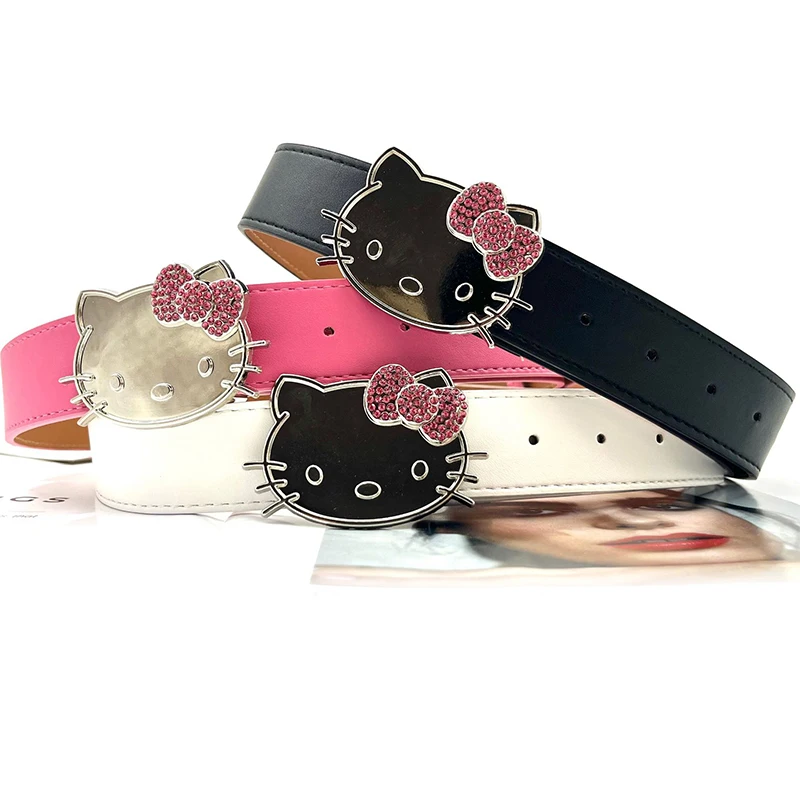 Sanrio Hello Kitty HEAD สีชมพู rhinestone หัวใจสาว Y2K เข็มขัดการ์ตูนเข็มขัดเสื้อผ้าสาวเย็น