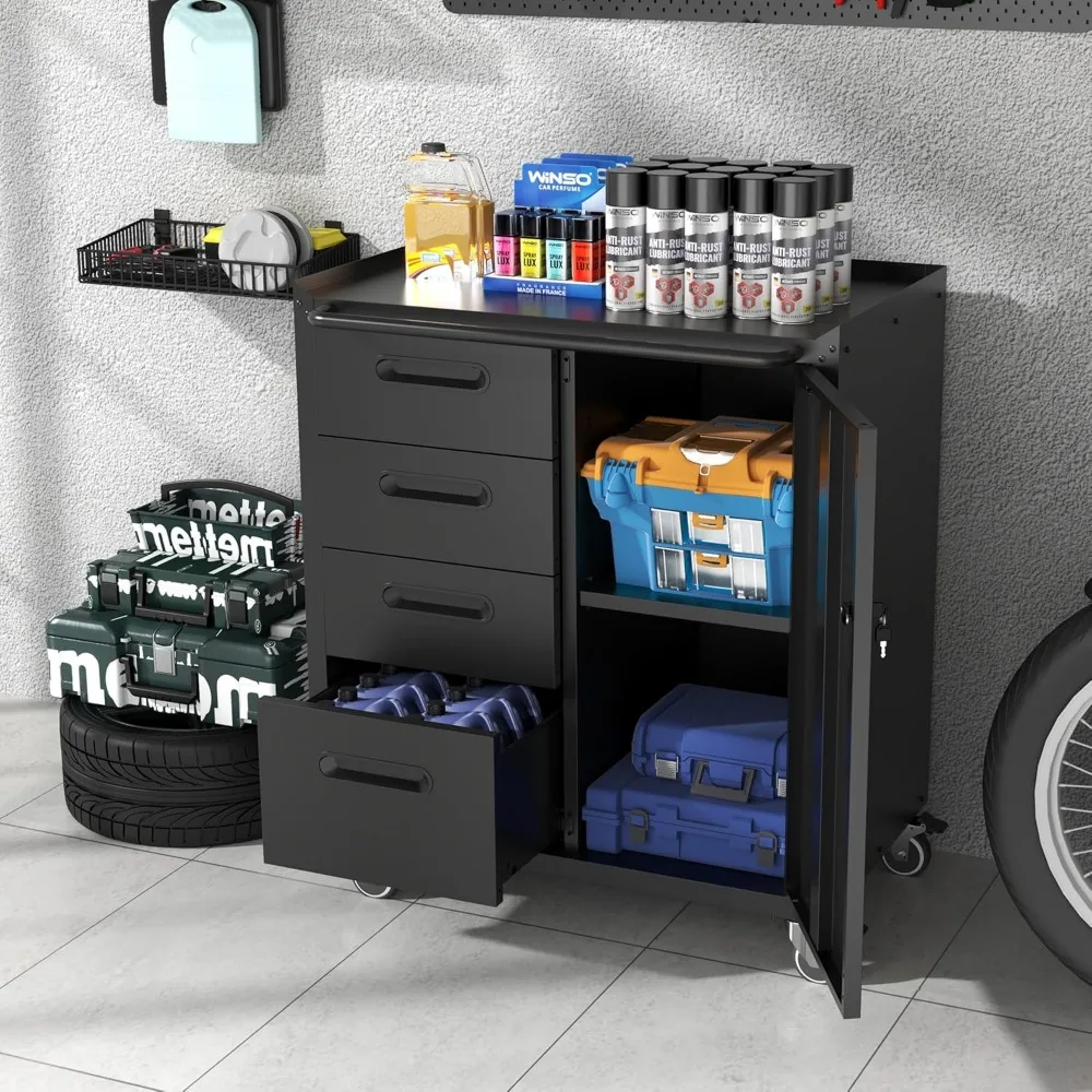 Metal Storage Cabinet with Wheels, Garage Storage Cabinet with 1 Door and 4 Drawer, Rolling Tool Storage Cabinet