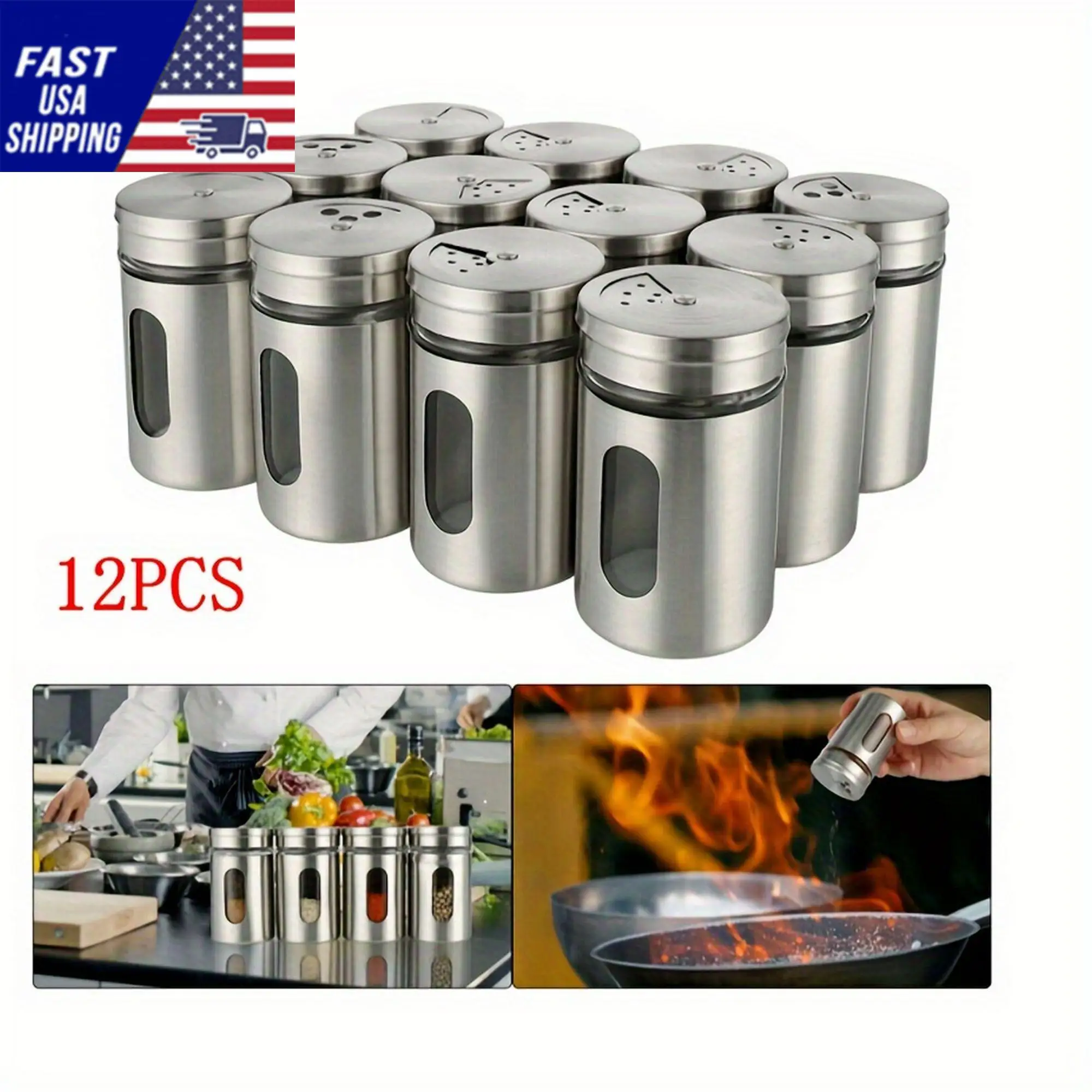 12pc Stainless Steel & Glass Spice Shakers - Premium Kitchen Essentials for Salt, Pepper & MSG, Modern Design for Indoor BBQs &