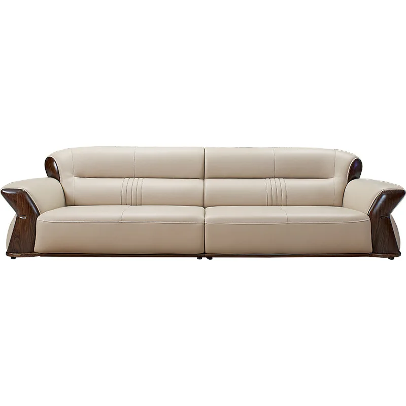 Ebony leather sofa new Chinese villa simple living room walnut color straight row