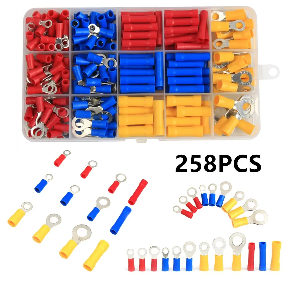 258PCS Assorted Ring Butt Wire Crimp Terminals Insulated Electrical Wire Cable Crimping Connector Kit AWG22-10/0.5-6.0mm2