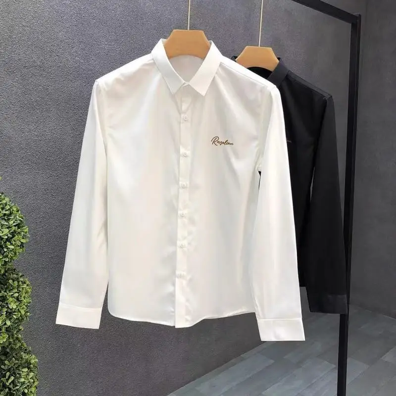 2024 New Spring and Autumn Advanced Design Sense Fashion Trend Flip Collar Embroidered Slim Fit Leisure Business Elastic Shirt