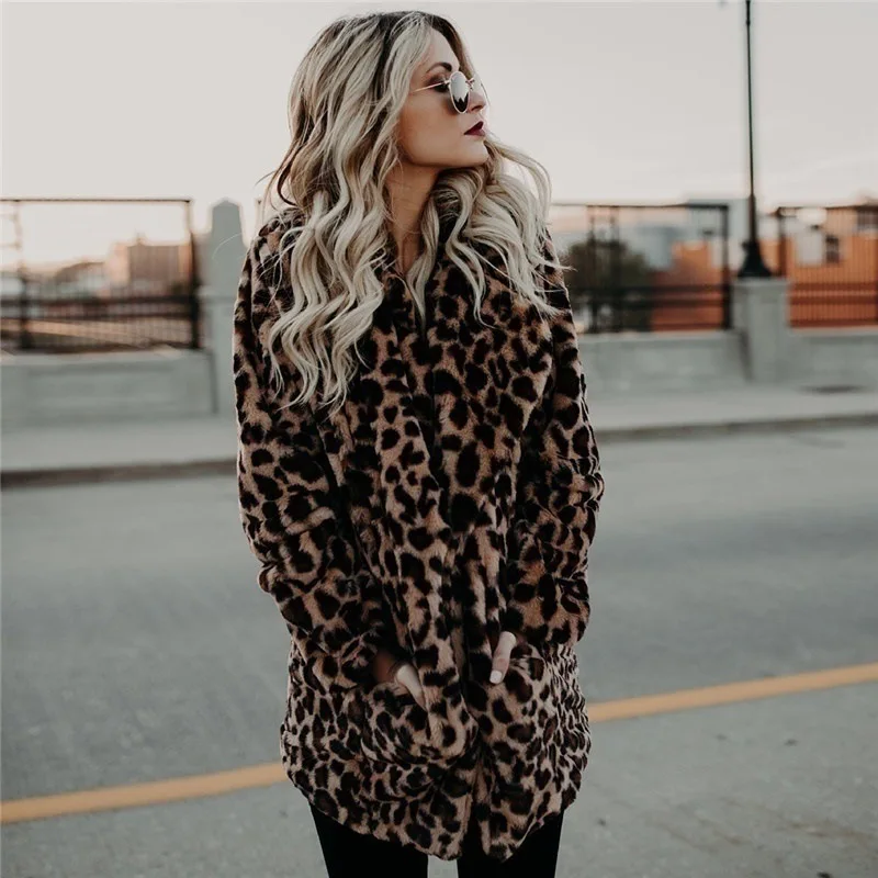Windproof Winter Women's Faux Fur Coat Leopard Print Leather Lady's Artificial Fur Outwear Mid Length Eco Fur Jacket For Female