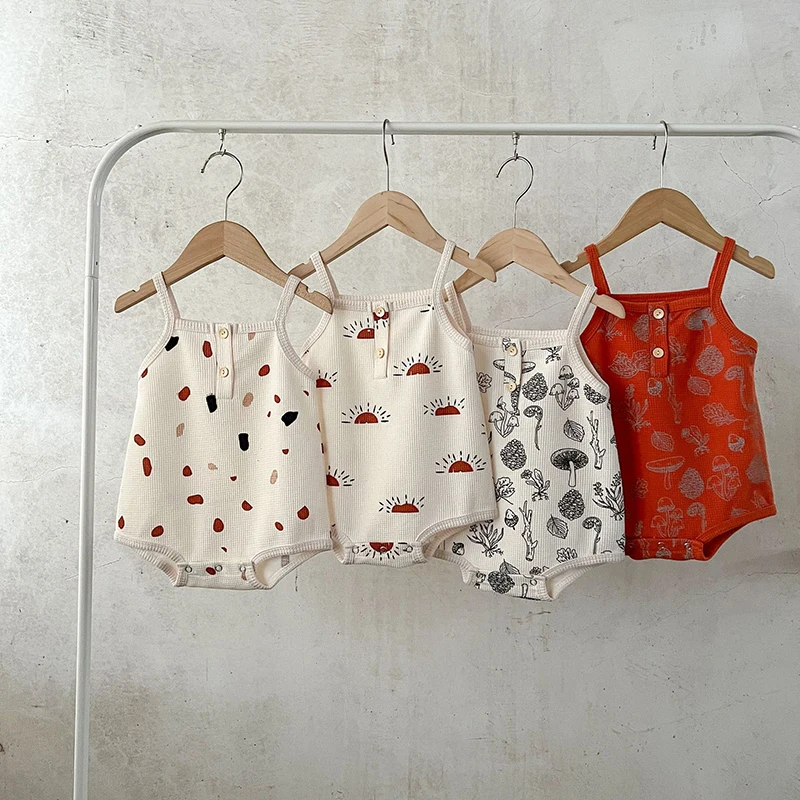 2024 Summer New Baby Bodysuits Toddler Girls Boys Print Sling Bodyusuit Newborn Cotton One Piece 0-3Y