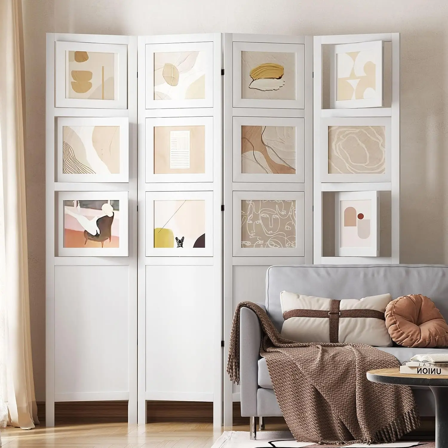 4-Panel Folding Room Divider Privacy Screen with 16 Photo Frames for Home Office, Customized