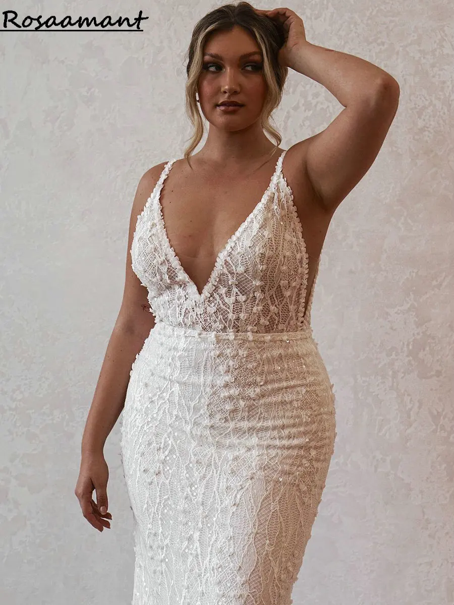 Bohemian Spaghetti Straps Plus Size Mermaid Wedding Dresses Backless 3D Flowers Lace Country Boho Bridal Gowns